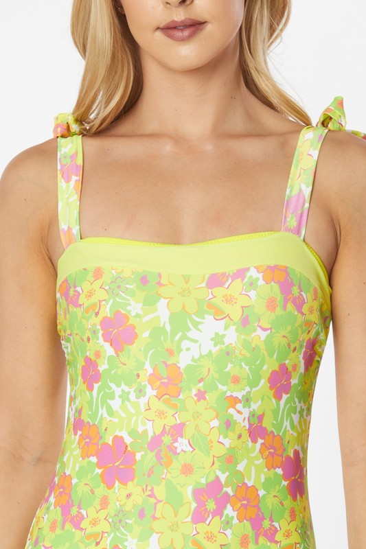 ONE PIECE BATHING SUIT FLORAL PRINT SHOULER TOP TI