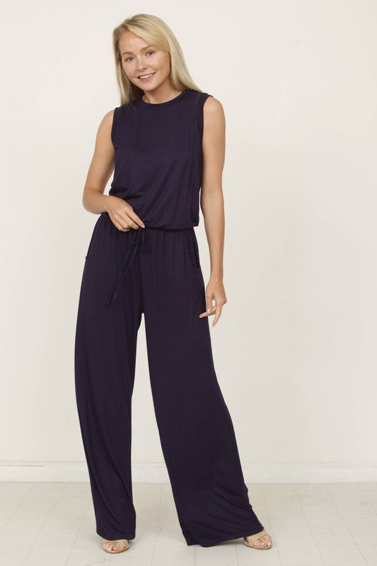 plus solid draw string pocket jumpsuit