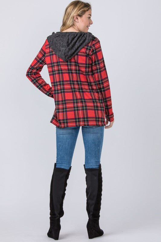 Hooded Plaid Trimmed Cardigan