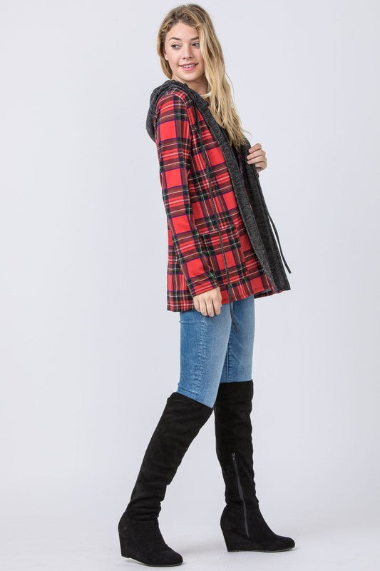 Hooded Plaid Trimmed Cardigan