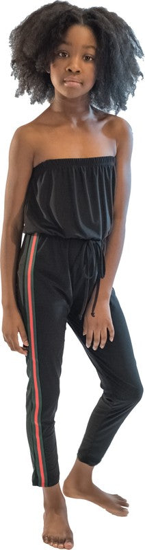 JUNIORS BLACK STRIPE SIDE JUMPSUIT