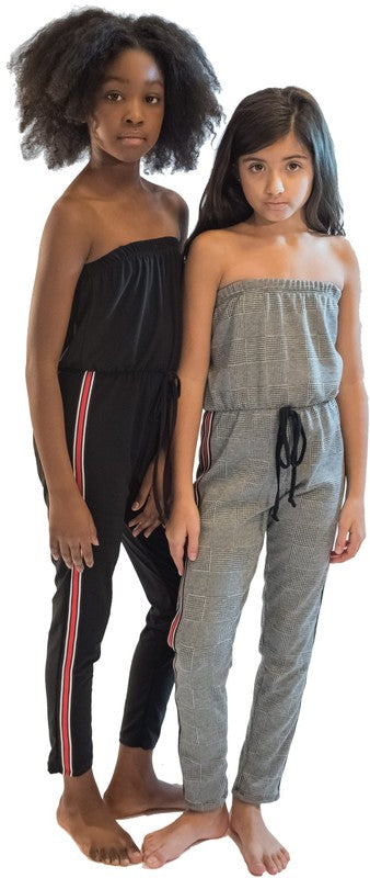 JUNIORS BLACK STRIPE SIDE JUMPSUIT