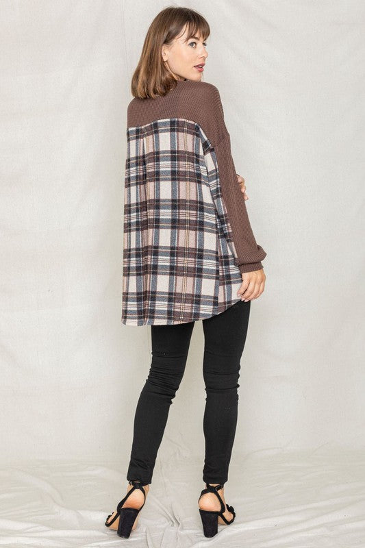 Plaid Back Waffle Knit  Cardigan