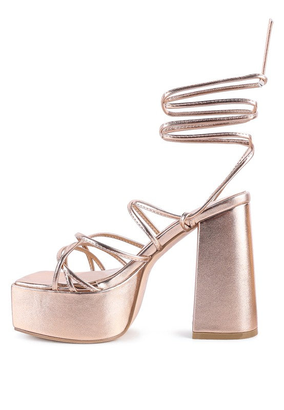 ANVIL METALLIC BLOCK HEELED LACE UP SANDAL