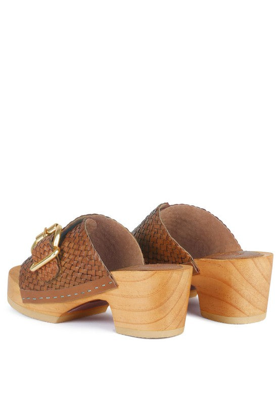 BRAIDED LEATHER BUCKLED SLIDE CLOGS