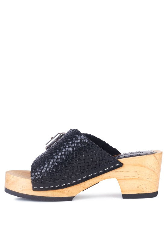 BRAIDED LEATHER BUCKLED SLIDE CLOGS