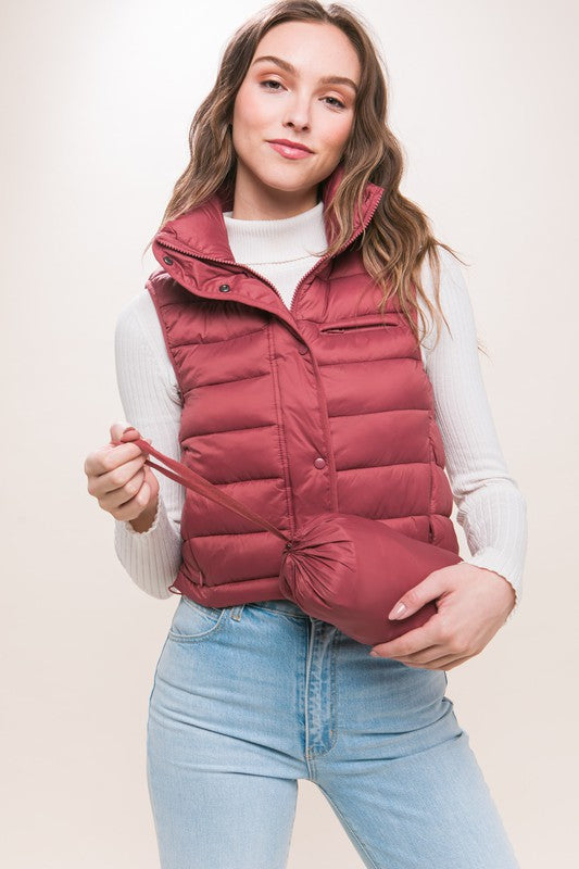 High Neck Zip Up Puffer Vest with Storage Pouch