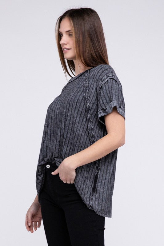 Ribbed Raglan Dolman Sleeve Boat-Neck Top