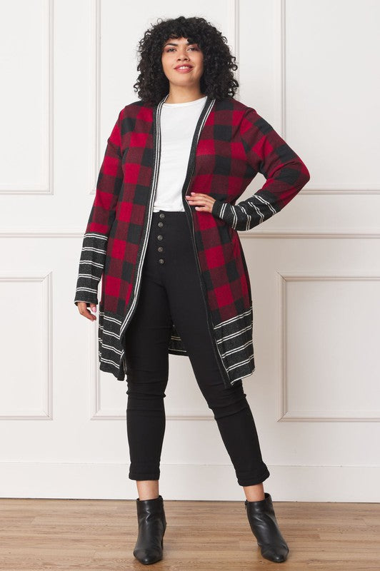 Long Buffalo Plaid Stripe Trim Open Cardigan