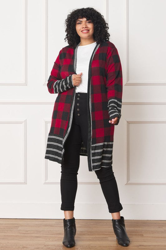 Long Buffalo Plaid Stripe Trim Open Cardigan