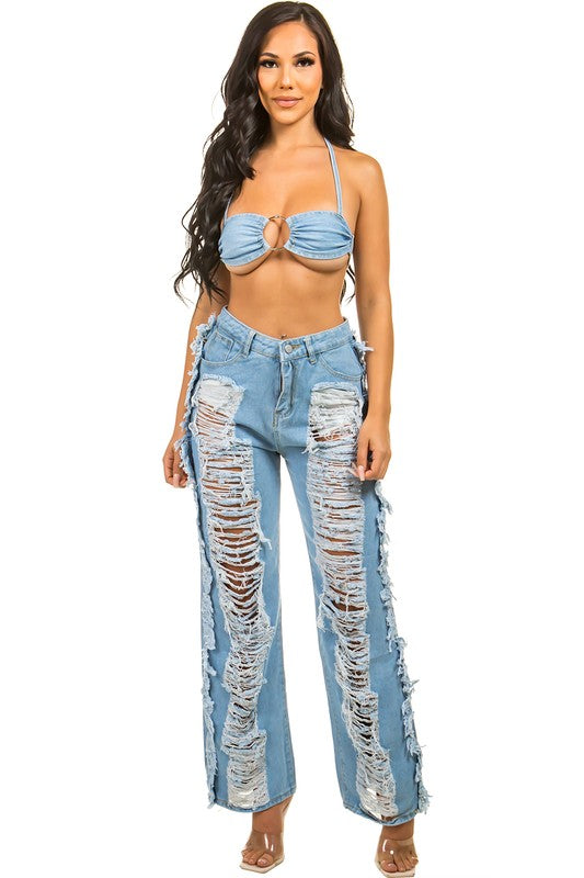 SEXY DENIM TWO PIECE PANT SET