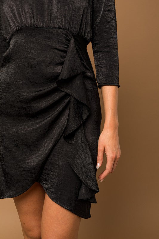 3/4 SLEEVE RUFFLE DETAIL SATIN DRESS