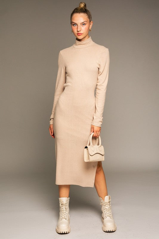 LONG SLEEVE MOCK NECK MIDI DRESS