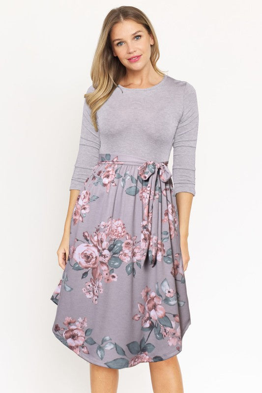 Quarter Sleeve Sash Midi Dress