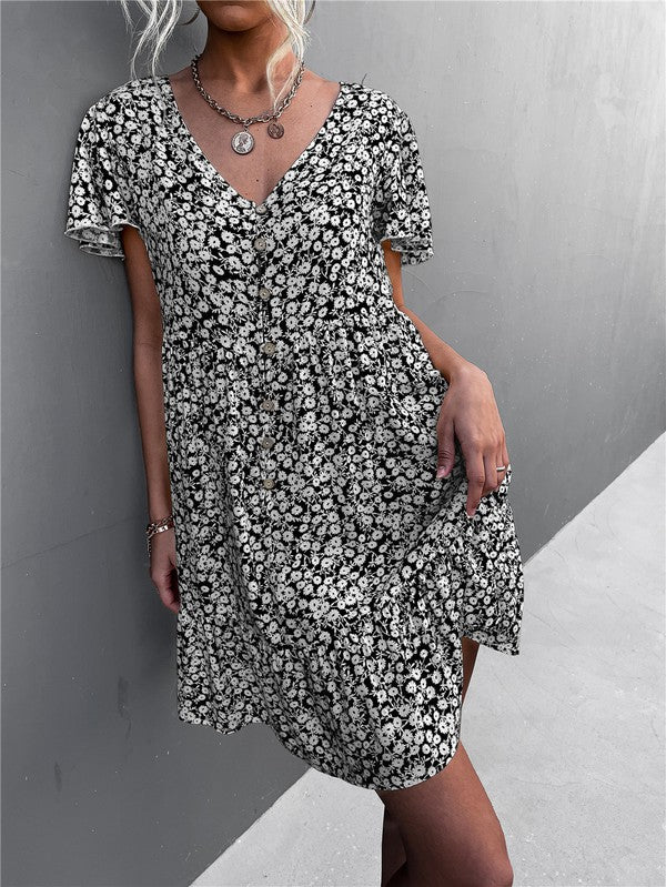 Floral Short Sleeve V Neck Midi Length Dress