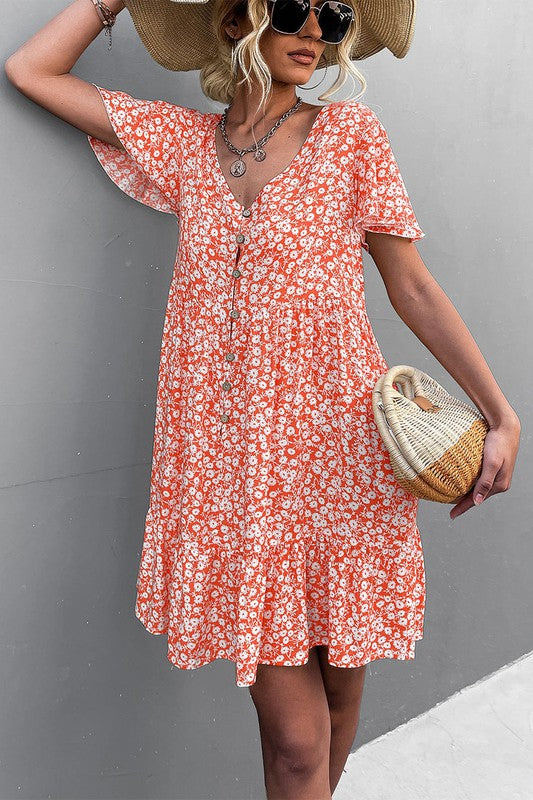 Floral Short Sleeve V Neck Midi Length Dress