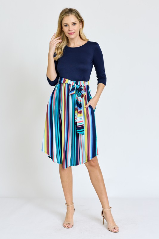 Quarter Sleeve Multi Stripe Sash Midi Dress