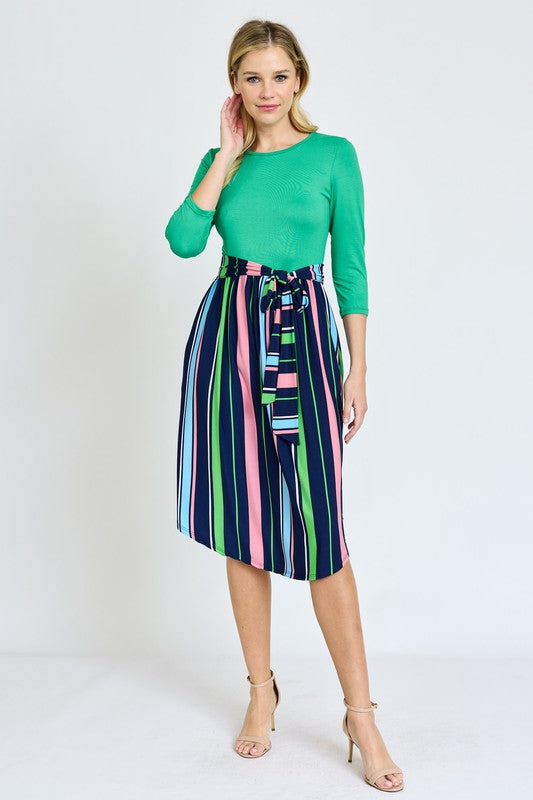 Quarter Sleeve Multi Stripe Sash Midi Dress