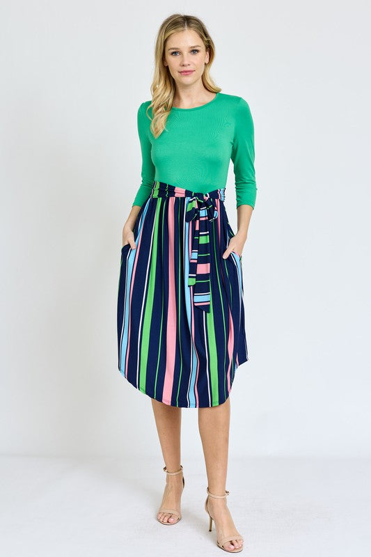 Quarter Sleeve Multi Stripe Sash Midi Dress