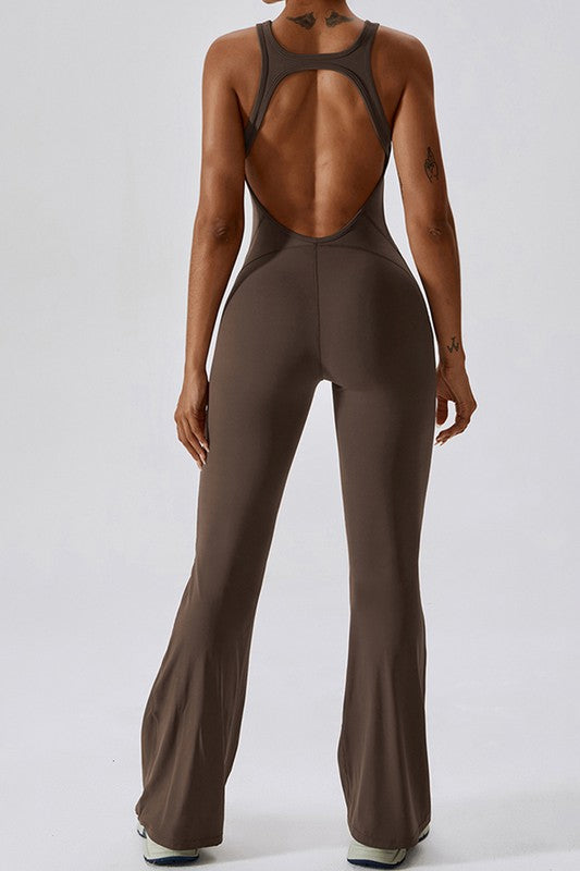 Solid flared trousers cutout back jumpsuit