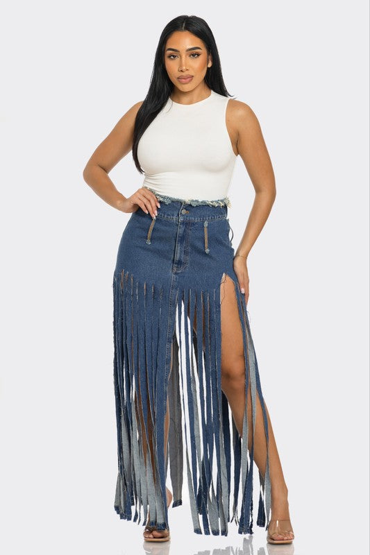 Bohemian Rhapsody Fringe Denim Skirt