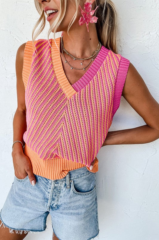 Women Contrast Chevron Knit V Neck Sweater Vest