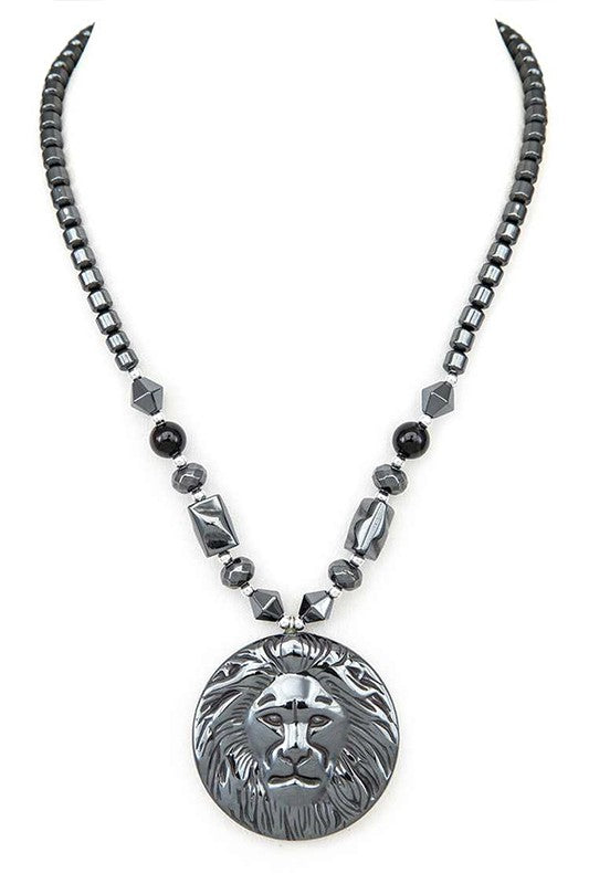 Lion Emblem Pendant Hematite Necklace