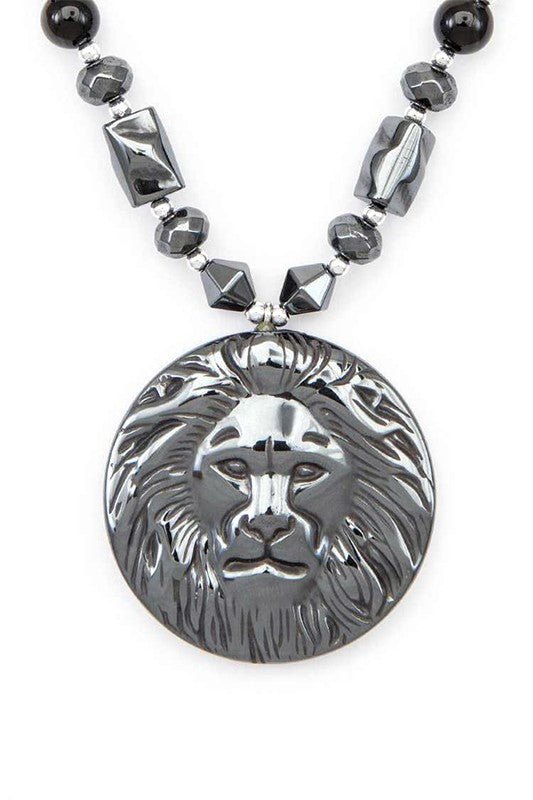 Lion Emblem Pendant Hematite Necklace