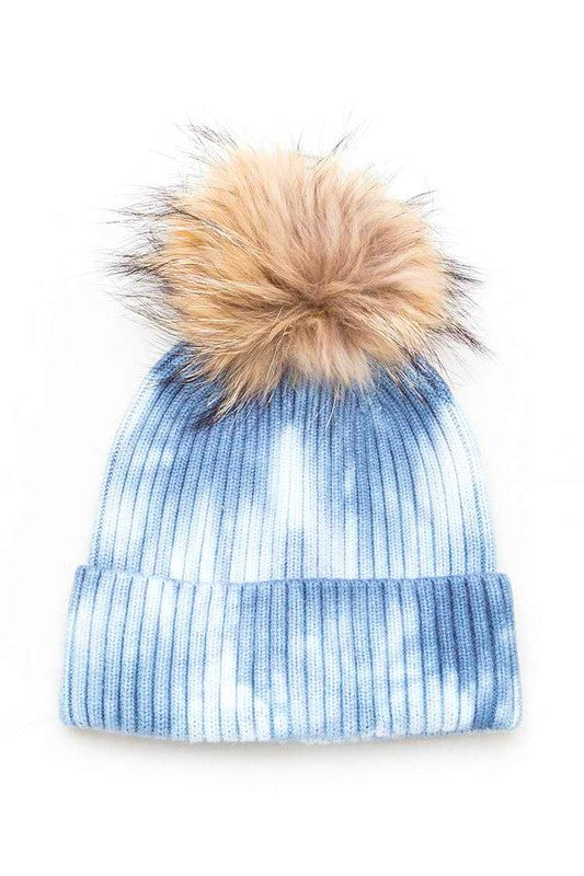 Large Genuine Fur Pom Tie Dyed Cotton Blend Beanie