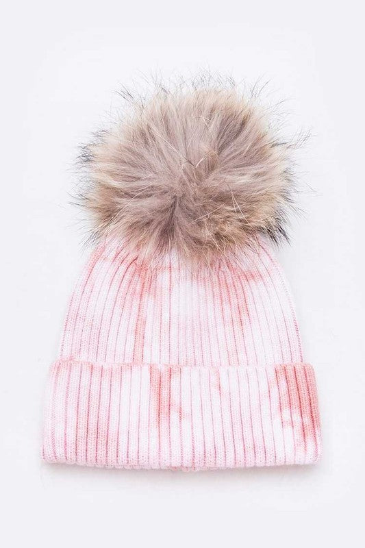 Large Genuine Fur Pom Tie Dyed Cotton Blend Beanie