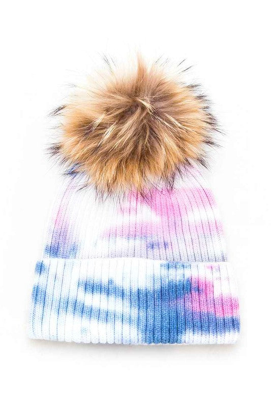 Large Genuine Fur Pom Tie Dyed Cotton Blend Beanie