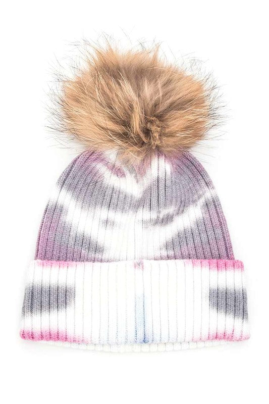 Tie Dyed Natural Natural Genuine Fur Pom Beanie