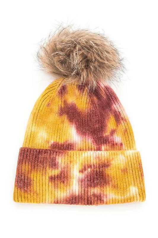 Tie Dyed Natural Natural Genuine Fur Pom Beanie