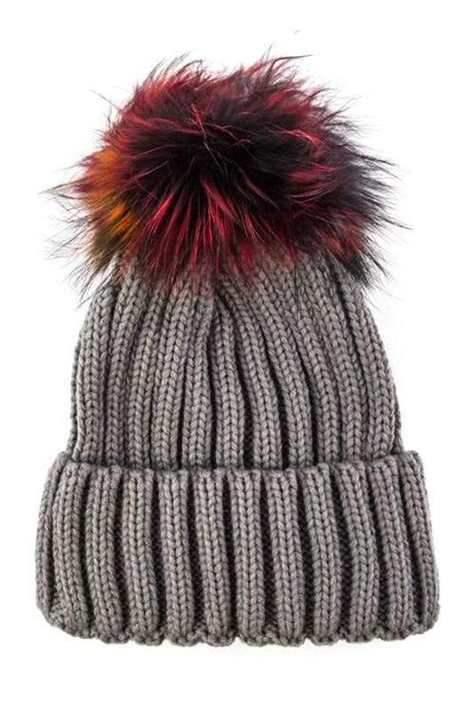 Mix Color Genuine Fur Pom Pom Beanie