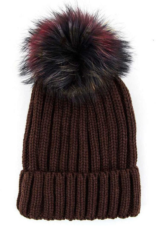 Mix Color Genuine Fur Pom Pom Beanie