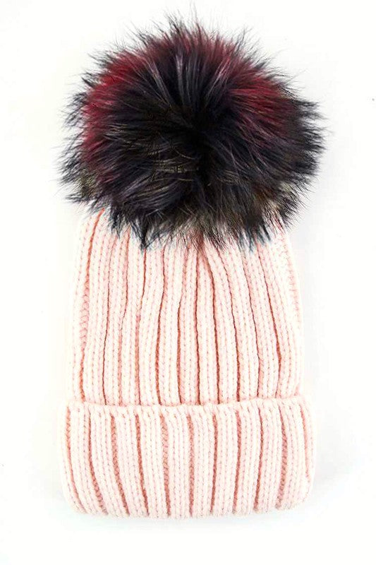 Mix Color Genuine Fur Pom Pom Beanie