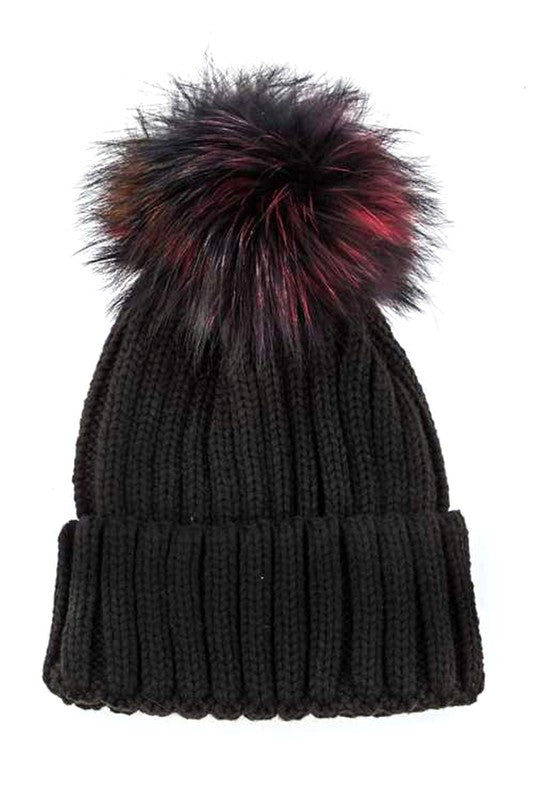 Mix Color Genuine Fur Pom Pom Beanie