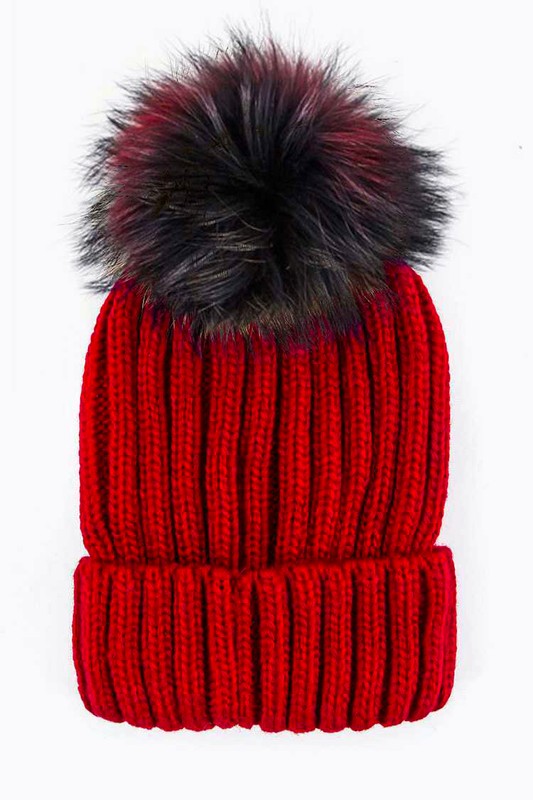 Mix Color Genuine Fur Pom Pom Beanie