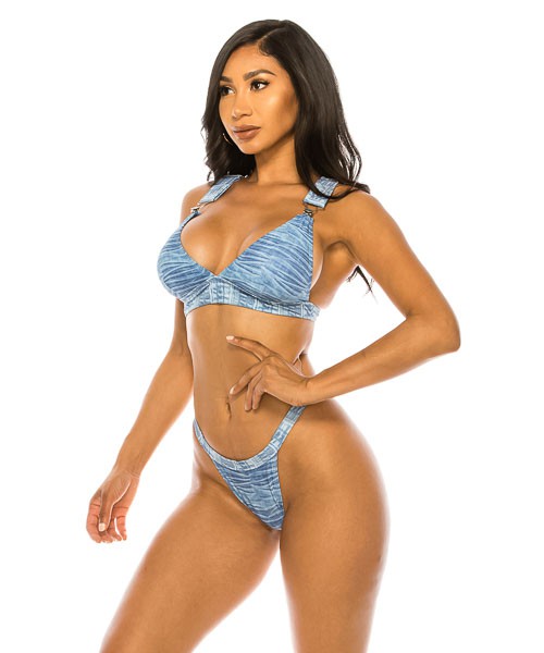 TWO PIECE BIG BUCKLE DENIM SWIMWEAR