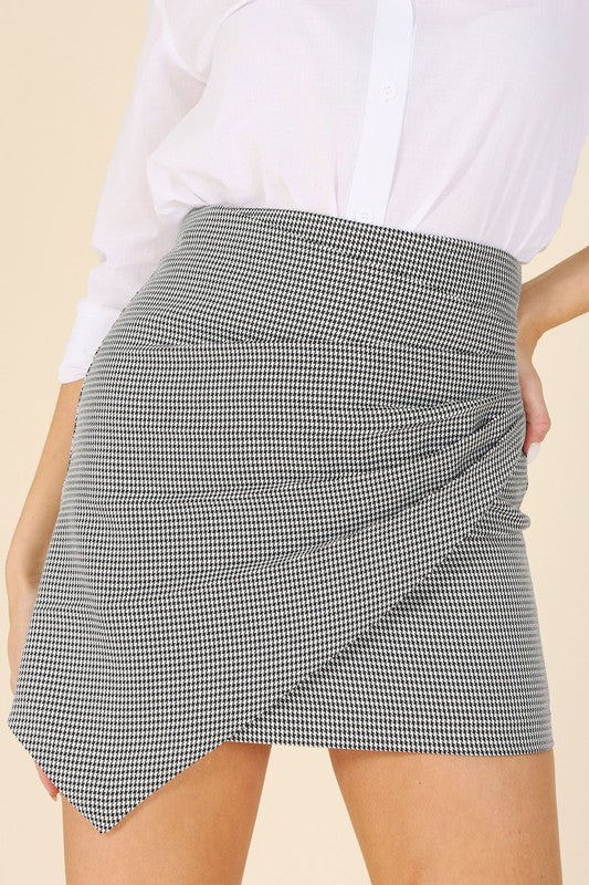 Hound tooth shirred wrap skirt