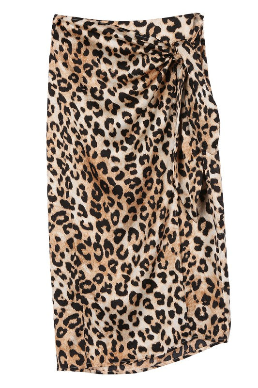 Satin leopard tie skirt