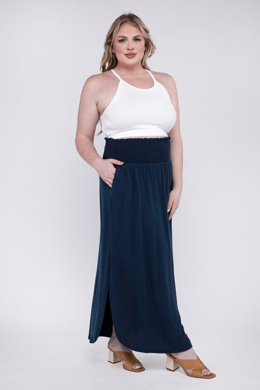 Plus Smocked Waist Side Slit Maxi Skirt w/ Pockets